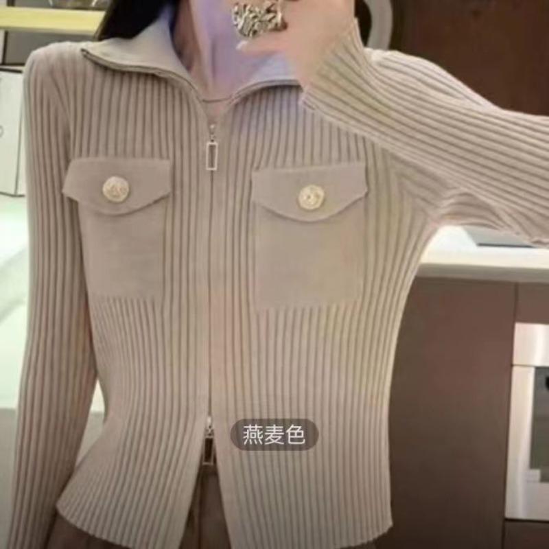 Autumn and Winter New Knitted Cardigan Women's Fashion Slim-fit Short Double Zipper Lapel Women's Sweater Jacket