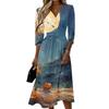 Womens Casual V Neck Midi Dress Three Quarter Sleeve Back Zipper Halloween Print Dress