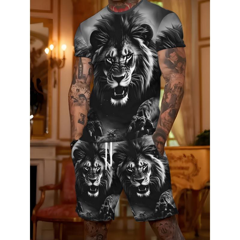 Men's 3D Lion Print Summer Set: Black & White Realistic Tee with Matching Shorts. Cool Streetwear for Holiday & Daily Wear