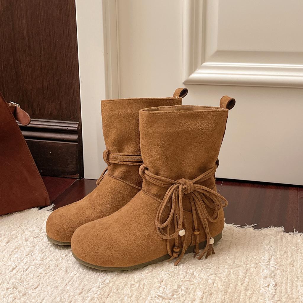 Fashion tassel bow thick heel short boots women's 2025 autumn and winter retro style new suede temperament versatile fashion boots