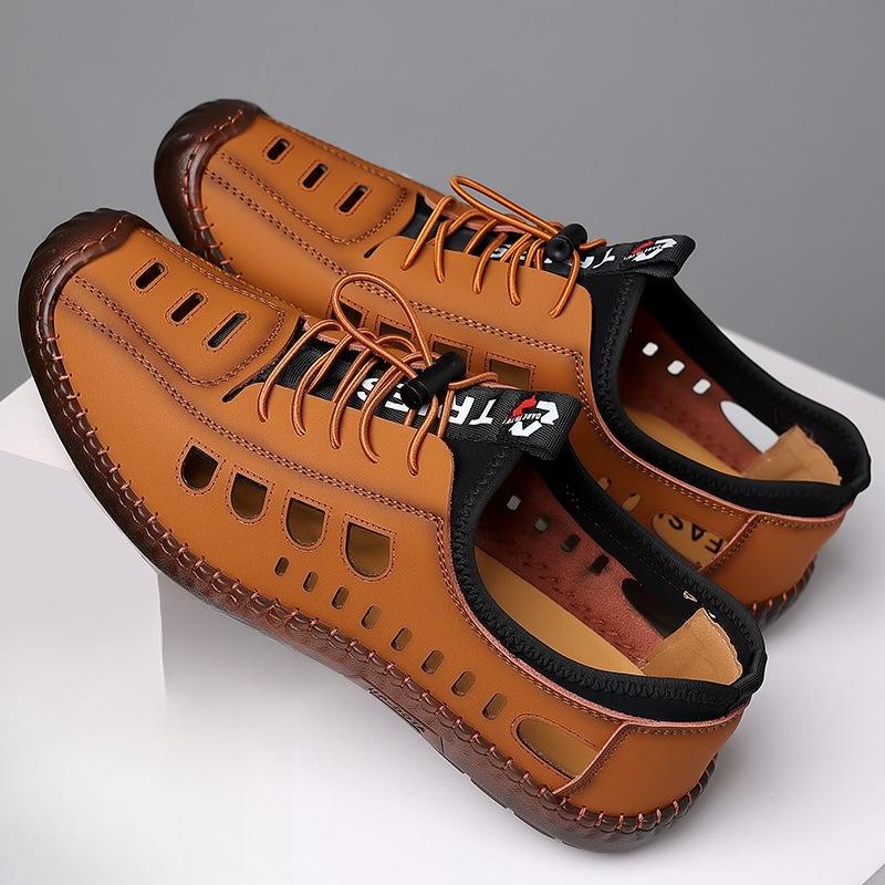 Fashion 2025 Summer Mens Handstitched Soft Leather Hollow-Out Sandals Breathable Casual Shoes Lightweight Soft Sole Comfortable Footwear