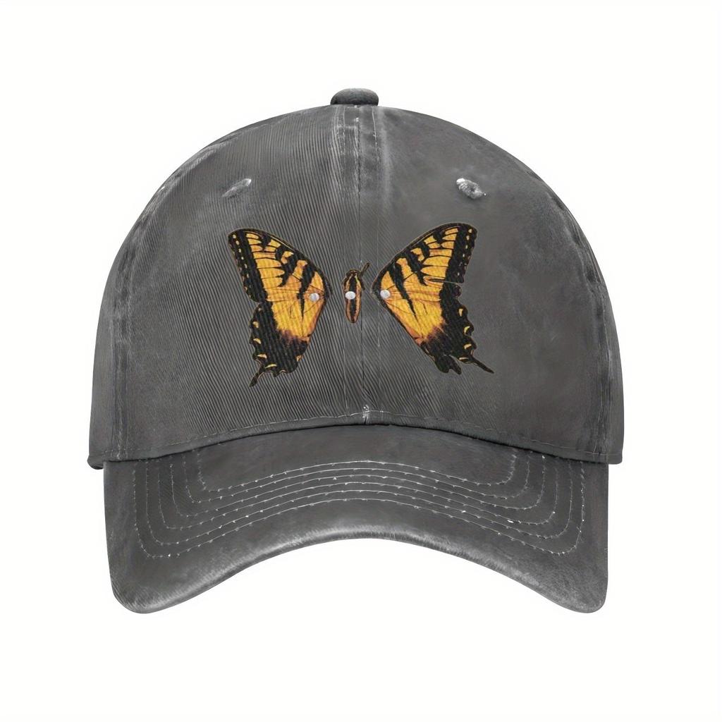 Butterfly Print Baseball Cap Unisex Adjustable Cotton Casual Sports Black Washed Hat