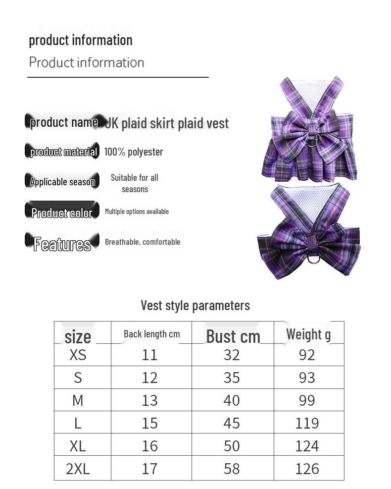 Pet Plaid Skirt Vest Harness & Leash Set for Dogs & Cats