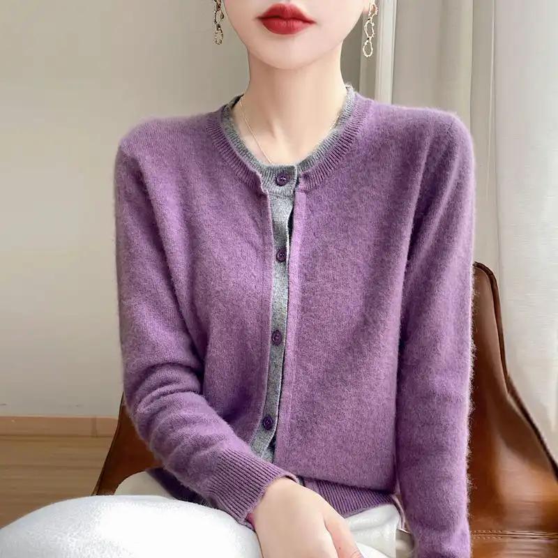 Women's New Autumn Winter Fake Two Piece Wool Cardigan Color Block Crew Neck Loose Sweet Layering Sweater Coat