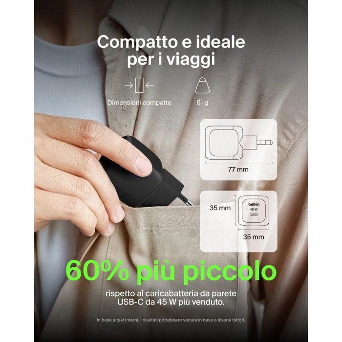 Belkin Caricatore da Parete Compatto 45W Ricarica Rapida per iPhone Galaxy Pixel Nero