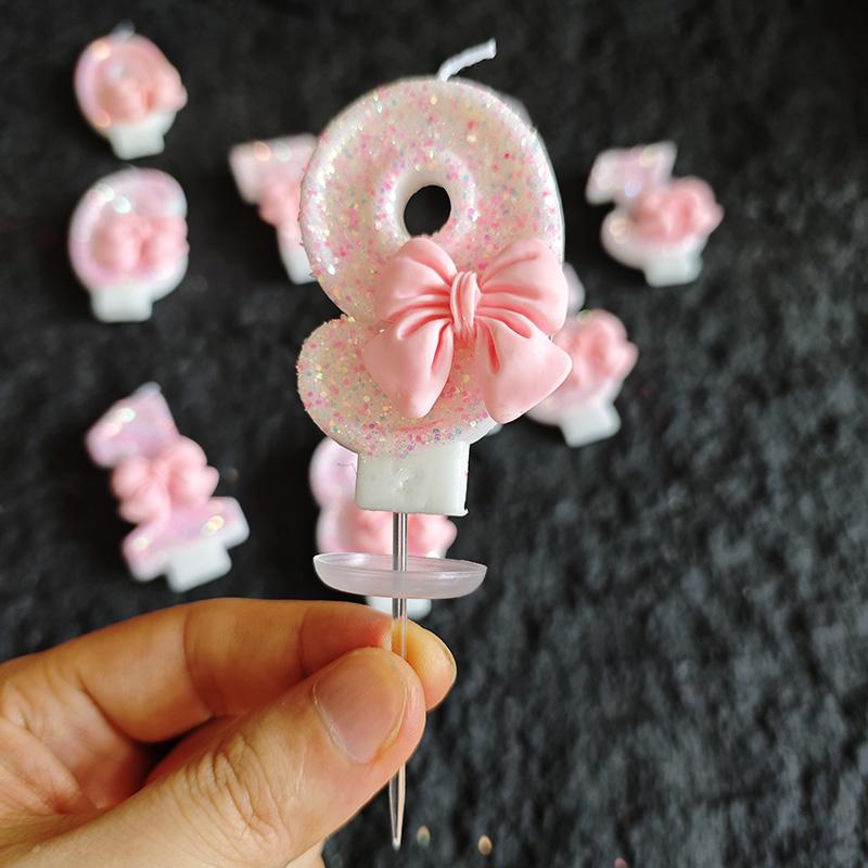 3D Birthday Candles with Pink Bow Decorations Numbers 0-9 Suitable for Birthdays Parties Festivals New Year's Celebrations