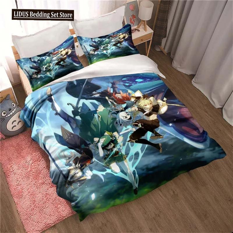 Genshin Impact Gioco Anime Copripiumino 3 Pezzi Copripiumino Letto Copripiumino Letto Matrimoniale King Biancheria per la Casa Ragazzi Adulti