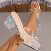 Fashion Elegant Pearl Transparent Heel Slippers Women Luxury Shiny Crystal High Heel Sandal Woman New Thick Sole Silver Slides Mujer