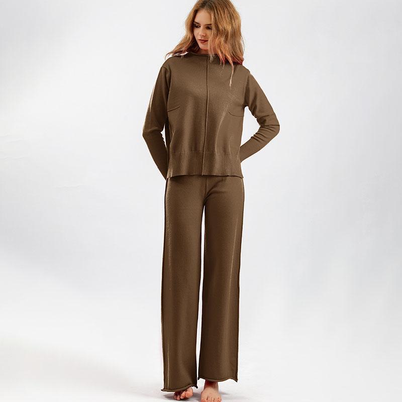Autumn Winter Women's Knitted Pants Suits Round Neck Slit Sweater Loose Casual Knitted Wide-leg Pants Two-piece Knitted Suit Outfits