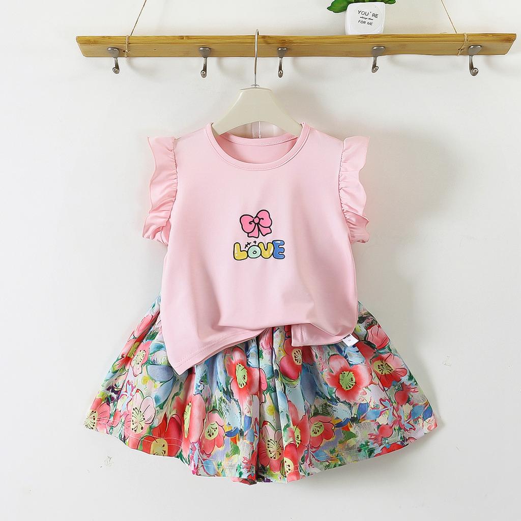 Girls Summer Floral Flutter Sleeve T Shirt And Skort Set Kids Casual Two Piece Outfit