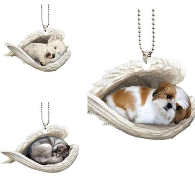 Creative Sleeping Angel Wing Puppy Memorial 2D Flat Car Rear View Mirror Accessories Ornament Decoration Hanging Charm Pendant