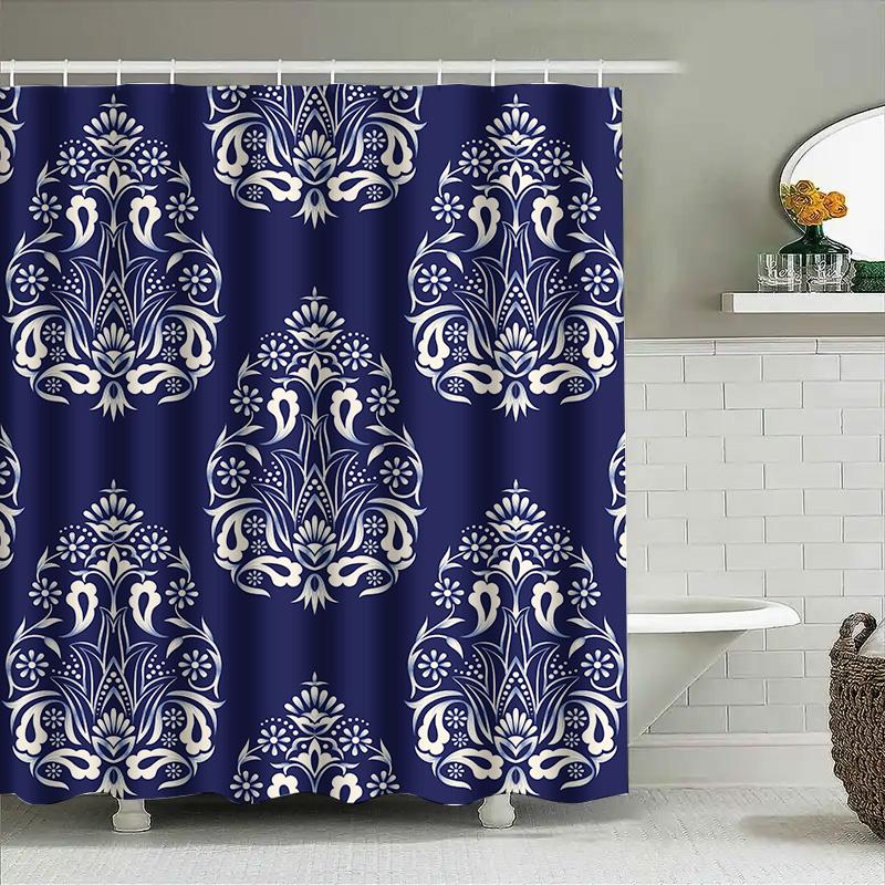 Blue Shower Curtain With White Floral Patterns Bath Decor For Bathroom Waterproof Fabric 72 Long (Set)