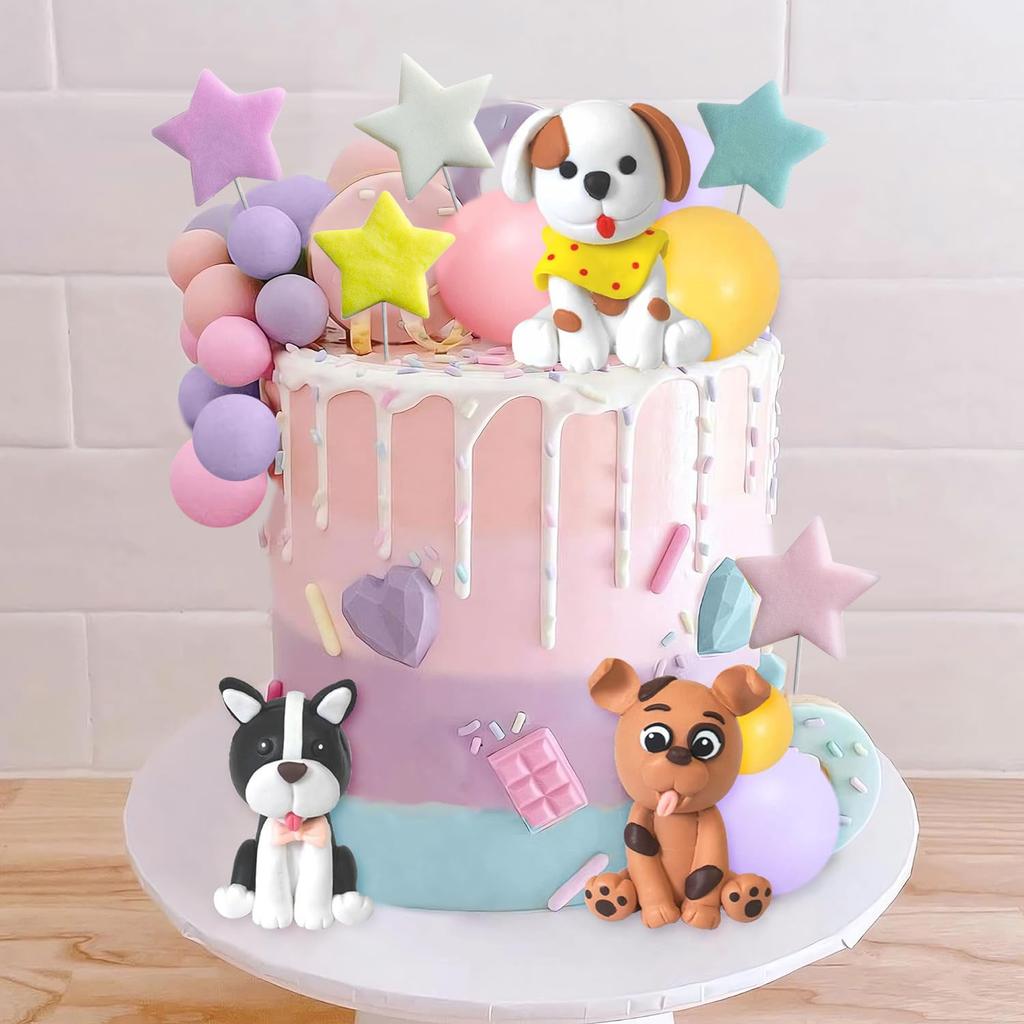 Dog Cake Topper Clay Figurines Puppy Star Yellow Pink Purple Ball Cake Topper for Dog Theme Birthday Dog Pet Party Supplies