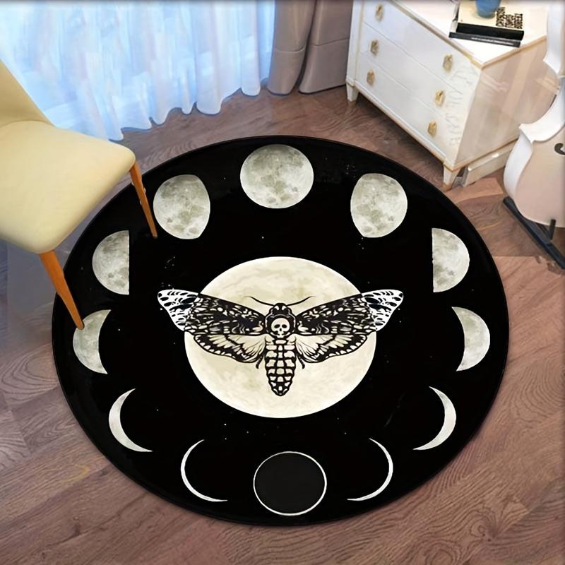 Moon phases moth skull round rug gothic celestial art crystal velvet carpet for bedroom living room Halloween mystical decor 60cm