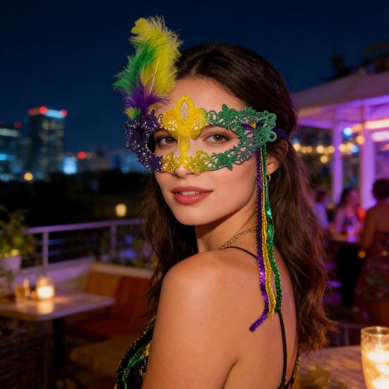 Masquerade Carnival Masque for Women Mardi Gras Purple Green Yellow Lace Feather Masque for Prom Ball Wedding Halloween Party Favors