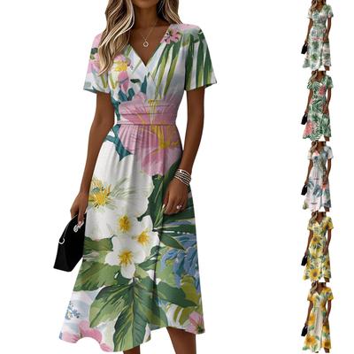 Damen Kurzarm V-Ausschnitt Midi-Kleid mit Gürtel und tropischem Blumen-Blätter-Print für Freizeit oder Urlaub