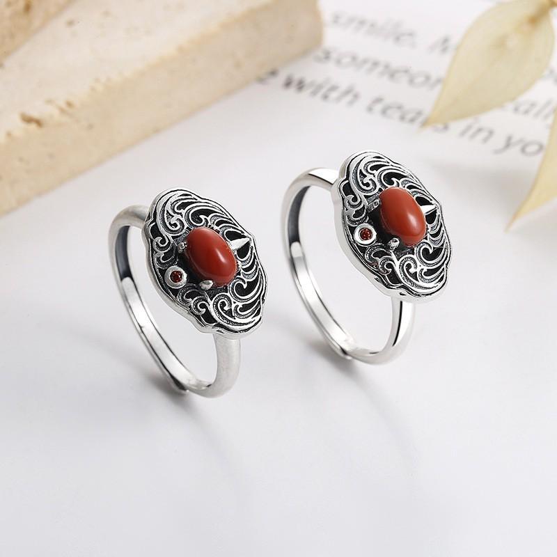 Adjustable Open Ring Men Women Vintage Bohemian Style With Filigree Cutout Design Red Agate Inlay Copper Base Retro