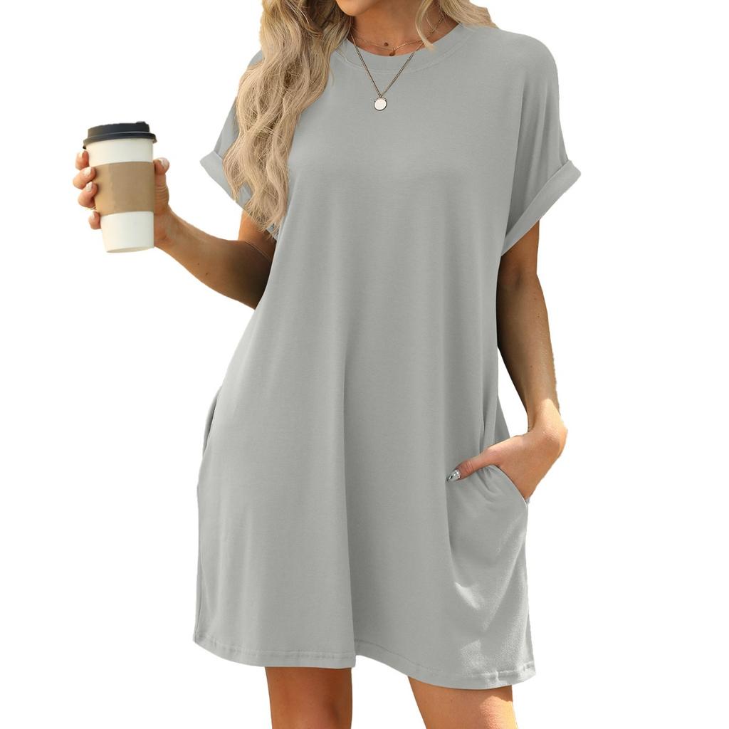 Spring Summer New Solid Color Crew Neck Pocket Loose Short Sleeve Casual Dress for Women