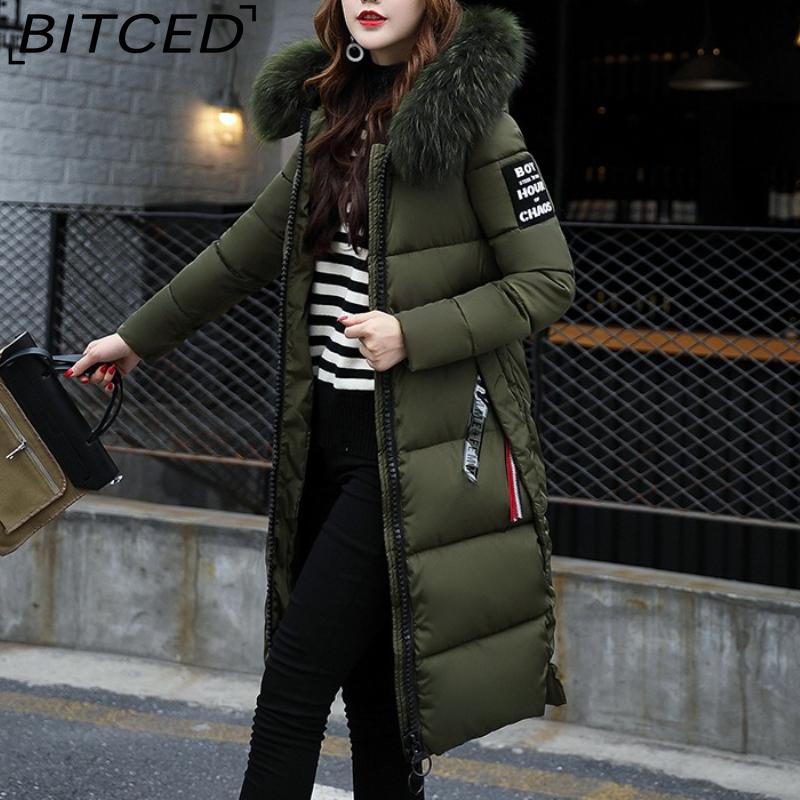 BITCED Autumn/Winter Women's Long-Length Cotton Coat with Hood and Large Fur Collar Down-Filled Cotton-Blend Padded Jacket