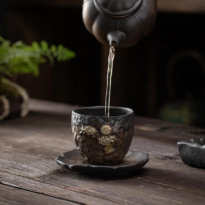 1PCS Japanese style gold-plated hand carved ceramic tea cup retro iron glazed tea cup Zen Master Cup ceramic tea set accessories
