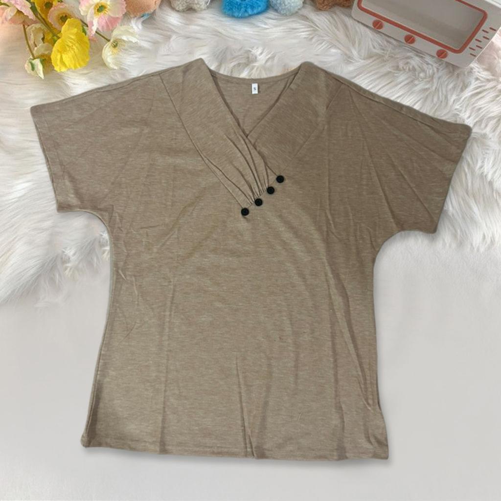 Yousheng Damen T-Shirt V-Ausschnitt Kurzarm Locker Geschnittenes T-Shirt Knöpfe Dekor Einfarbig Pullover Tops Alltagskleidung