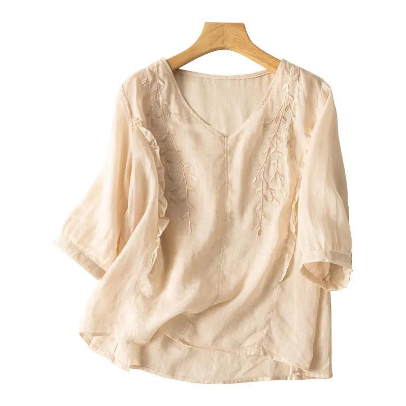 Dam Broderade Bomull & Linne Toppar - Lös Passform, Retro, Mångsidig, Etnisk Stil för Sommaren 2024.