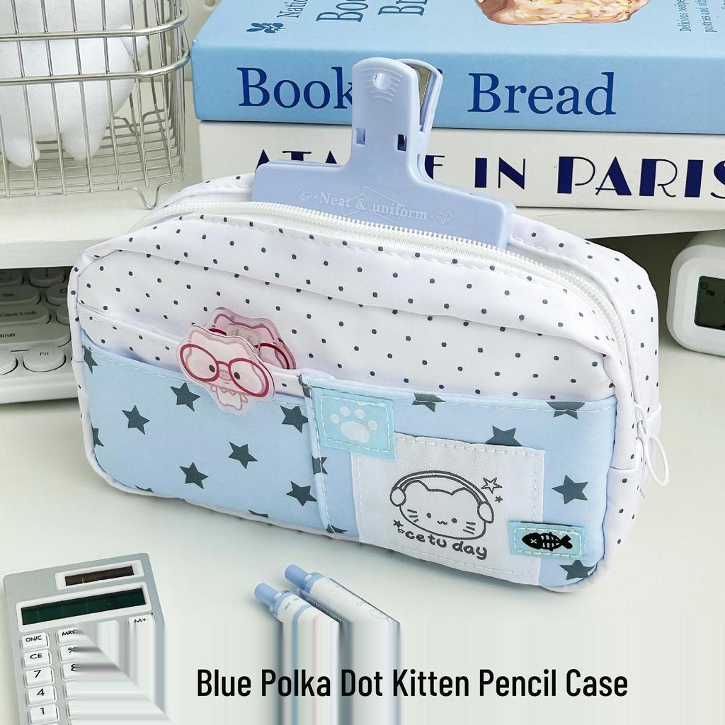 Ins Star Cat Flip-top Multi-layer Polka Dot Pencil Case - Large Capacity Stationery Bag