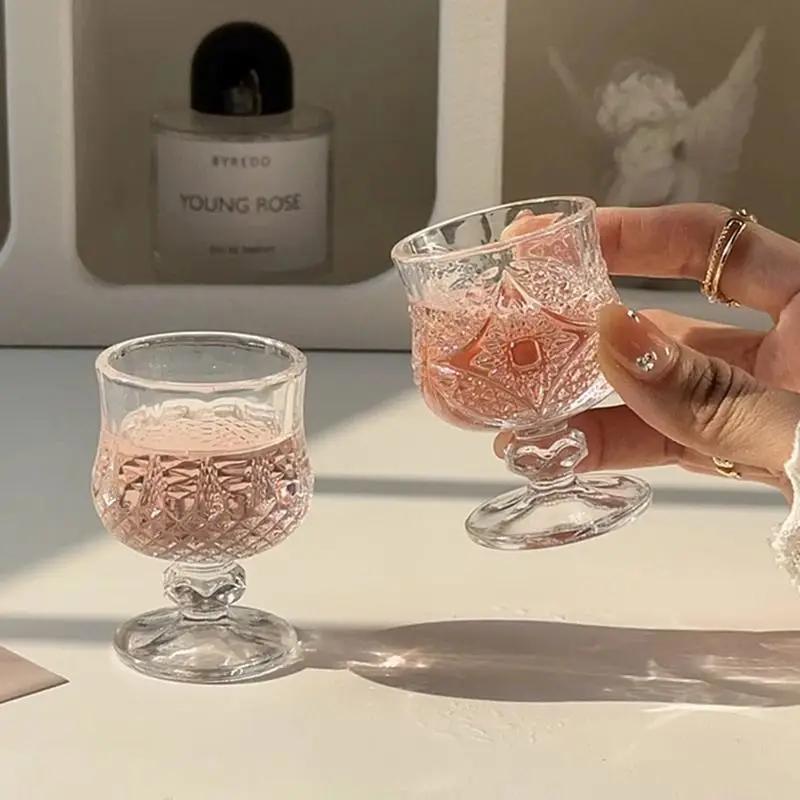 6pcs Vintage Carved Glass Mini Fruit Wine Cup Light Luxury Delicate Goblet Fashion Creative Home High Appearance Level Shot Cup