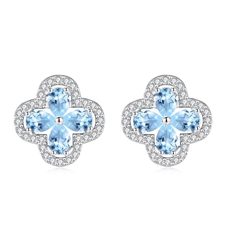S925 Sterling Silver Four Leaf Clover Stud Earrings Natural Amethyst Topaz Advanced Sense Earring Minimalist Luxury
