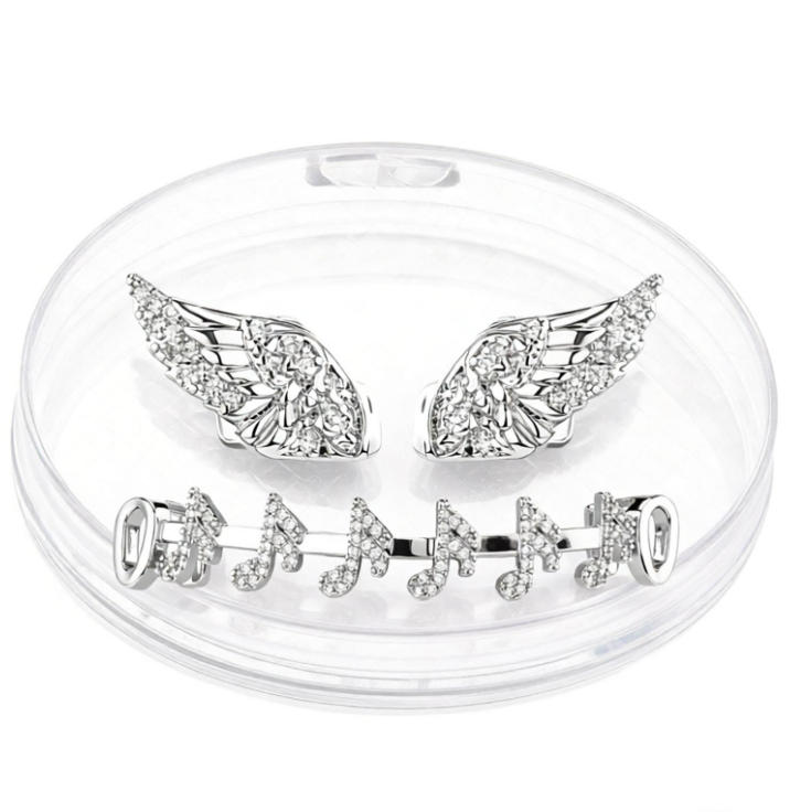 Hot Sale Brass CZ Inlaid Wing&Music Note Combined Grillz Sweet Hollow Angel Wings HipHop Teeth Grillz Bling Rapper Mouth Jewelry