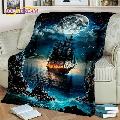 3D Piratenschip Boot, Zeilboot, Bark Deken, Zachte Worpdeken voor Thuis Slaapkamer Bed Sofa Picknick Reizen Kantoor Dekbed Kinderen