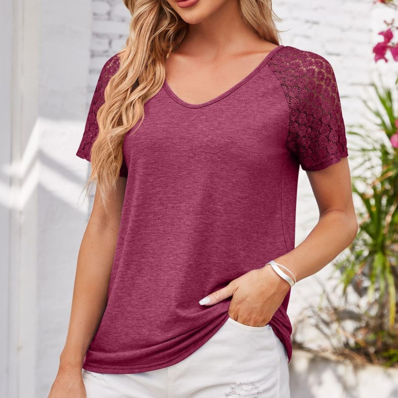 

GMXIA женские модные повседневные летние весенние марлевые однотонные свободные блузки с короткими рукавами и v-образным вырезом с принтом XXL фуксия