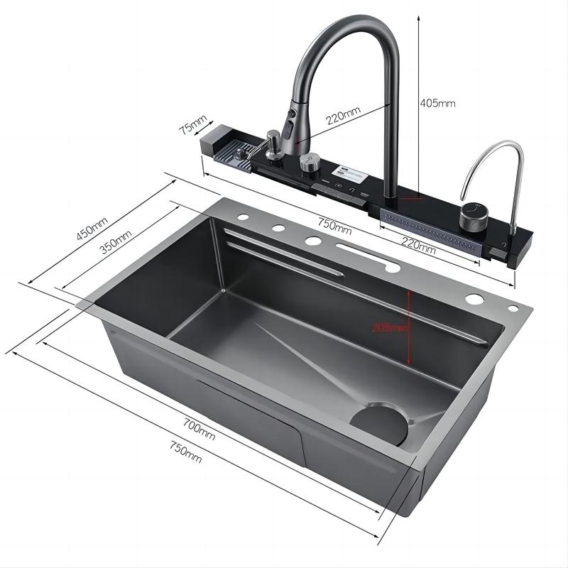 Küchenspüle aus Edelstahl 304, Doppel-Wasserfall, Einzelschlitz, integrierte Digitalanzeige, Wasserhahn-Set, Seifenspender, Tassenwascher