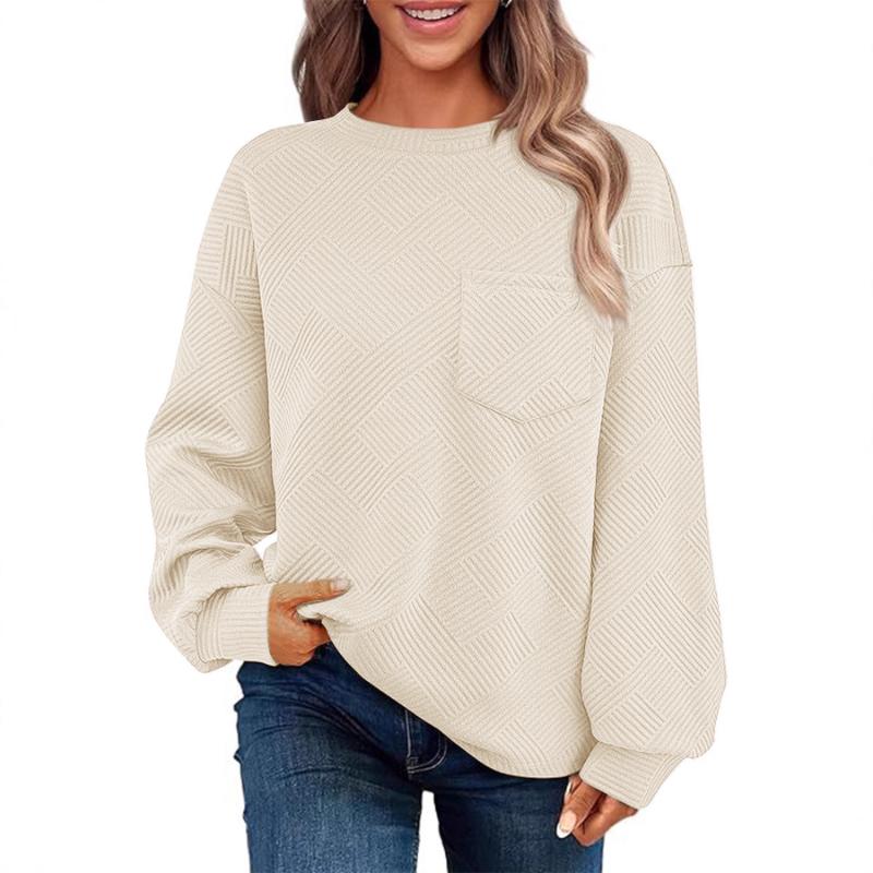 Women's Knit Jacquard Long Sleeve Crew Neck Chest Pocket Sweatshirt Casual Fashion Loose Versatile Pullover Hoodie