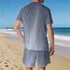 Men Grey White Vertical Thin Stripe Short Sleeve Tee And Matching Shorts Two Piece Suit