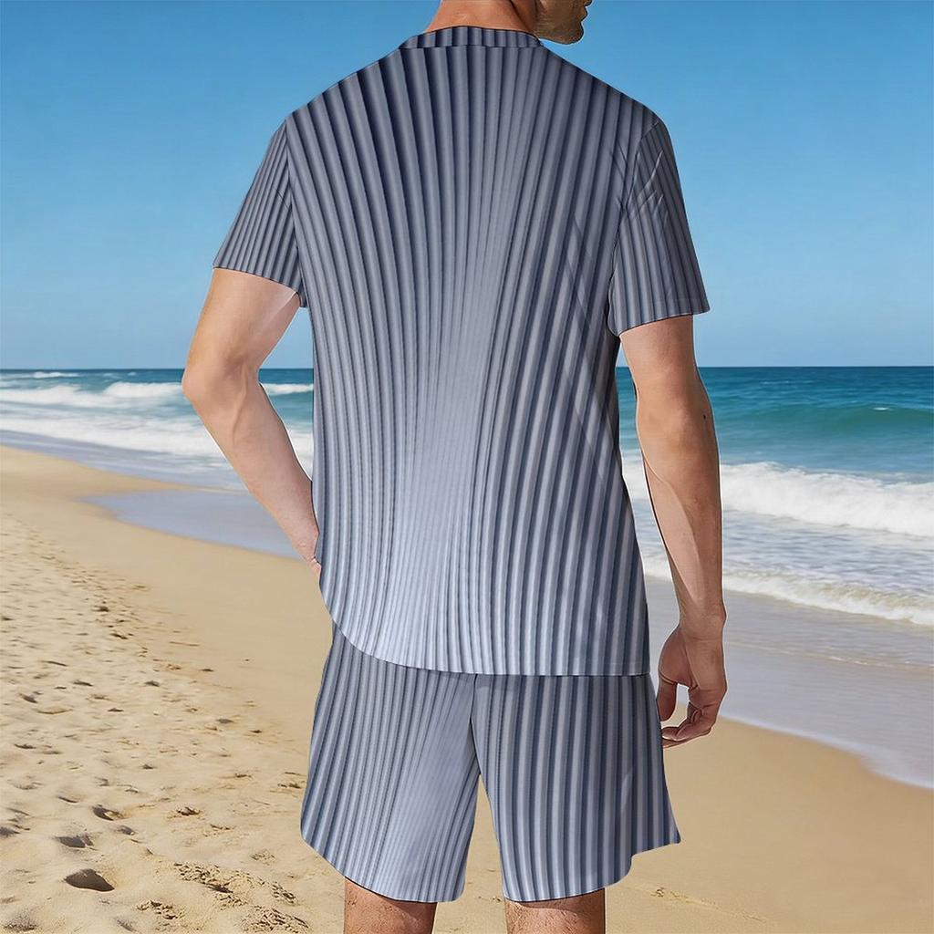 Men Grey White Vertical Thin Stripe Short Sleeve Tee And Matching Shorts Two Piece Suit