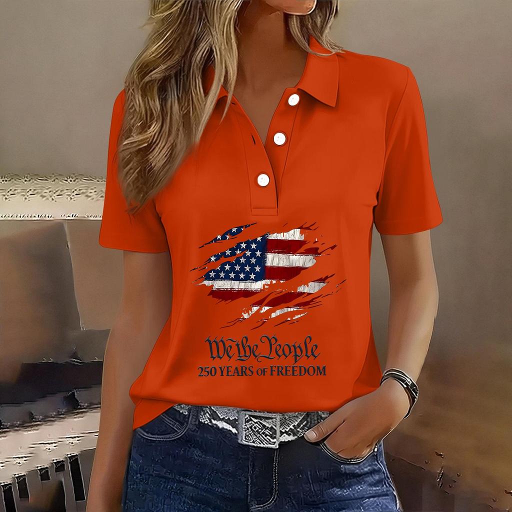 Damen Casual Knopfleiste Kurzarm Poloshirt Amerikanische Flagge Grafikdruck 250. Jahrestag Patriotisches Oberteil Leichtes Sommer-T-Shirt