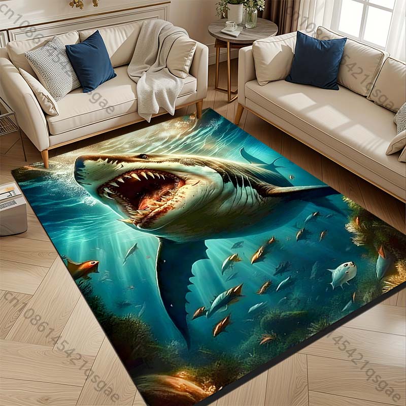 1PC Shark swimming with open mouth Print Carpet Rug for Living Room Bedroom Sofa Doormat Home Decor Non-slip Floor Mat