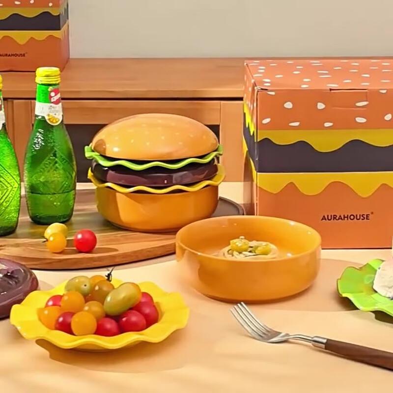 LISM Cartoon Hamburger Ceramic Snack Plate Set