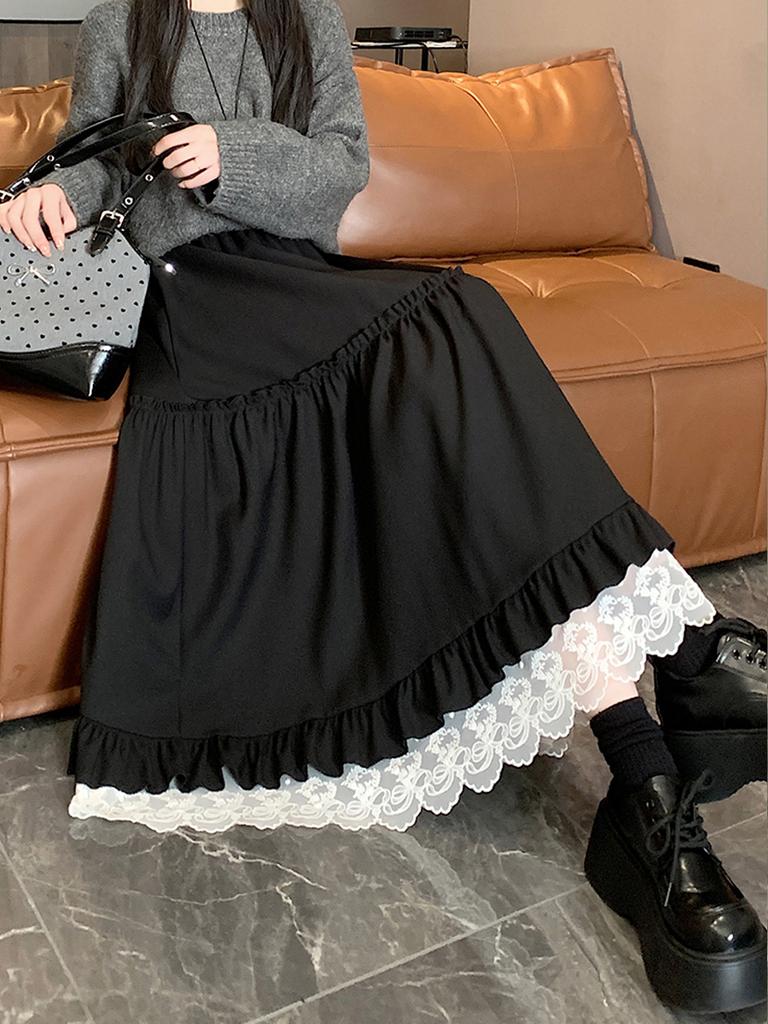 Lace Spliced Midi Skirts for Women High Waist Sweet Vintage A-line Cake Skirt Fashion Clothing Spring Autumn