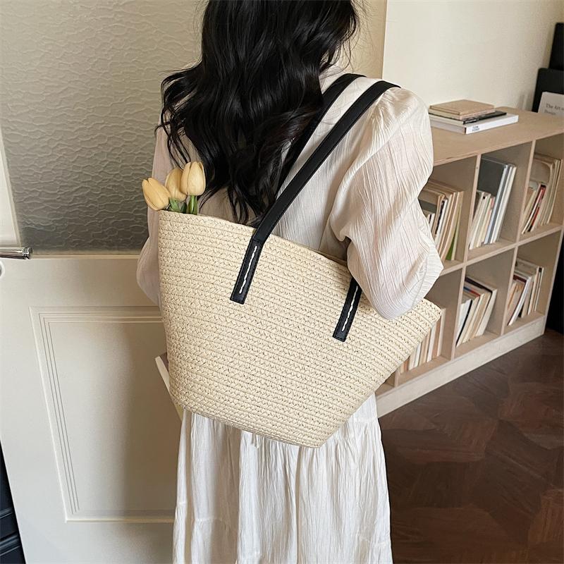 Borsa Tote in Paglia Intrecciata con Manici in Pelle Nera Grande Capacità Borsa da Spiaggia Estiva Borsa a Mano Casual da Donna per Uso Quotidiano