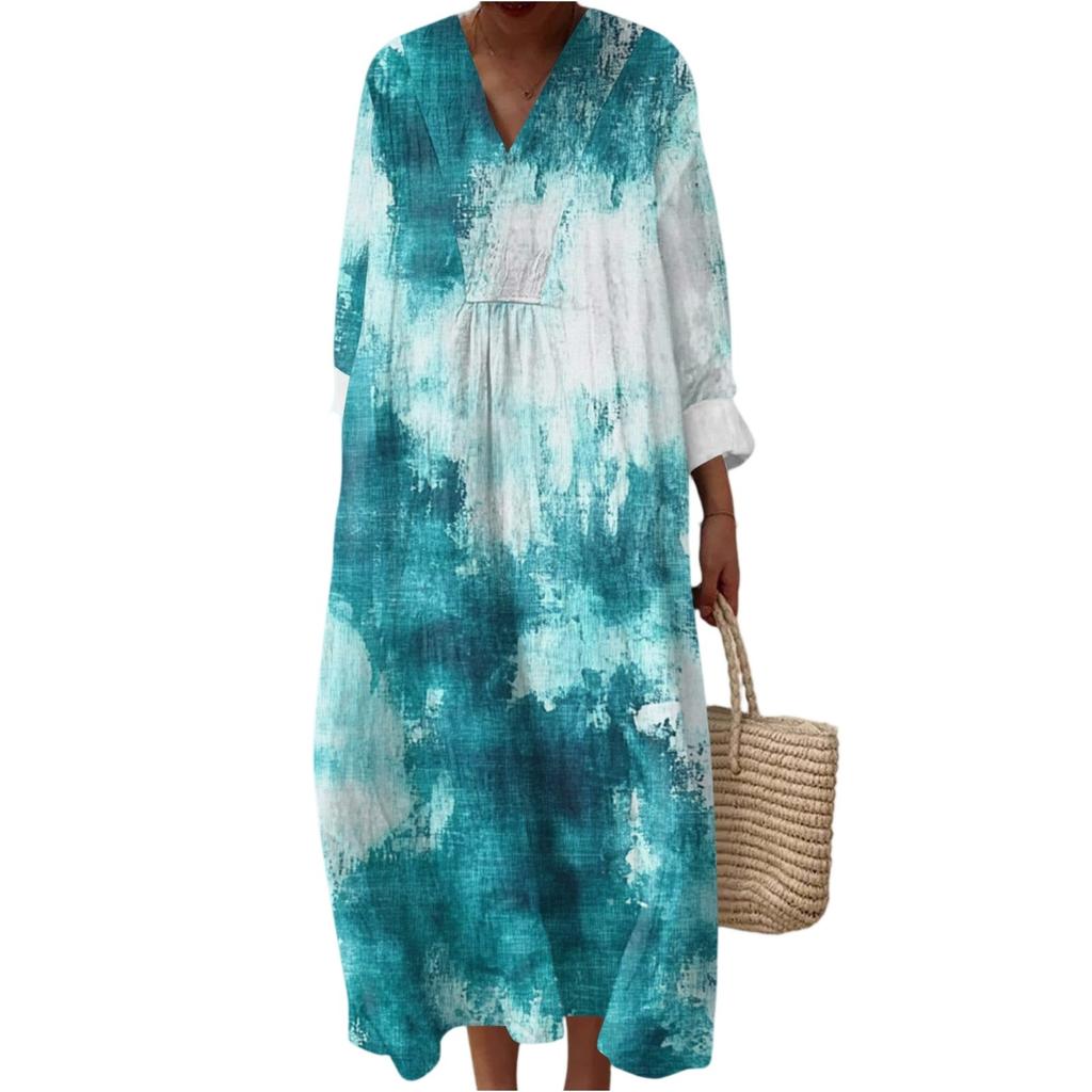 Kadın Günlük Moda V Yaka Uzun Kollu Çiçek Desenli Maksi Elbise