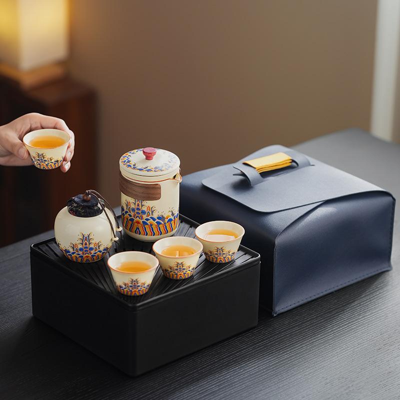 

Tea set Ru kiln portable travel car ancient rhyme kung fu teapot small set light luxury leather bag gift box