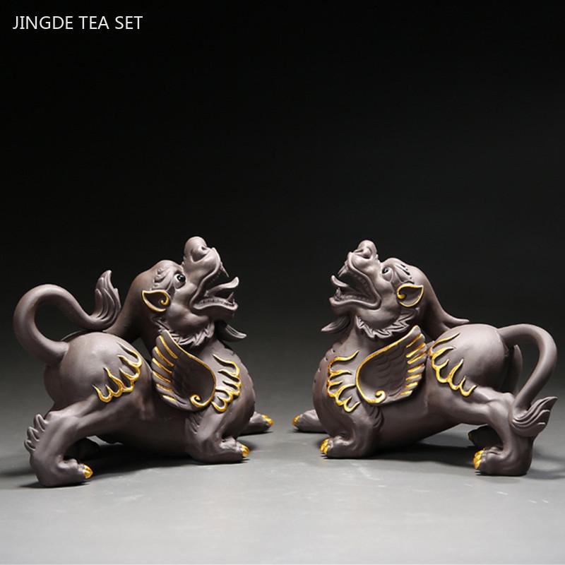 Purple Clay Pixiu Tea Pet Hand-traced Gold Animal Model Ornaments Office Home Tea Accessories Feng Shui Fortune Decoration