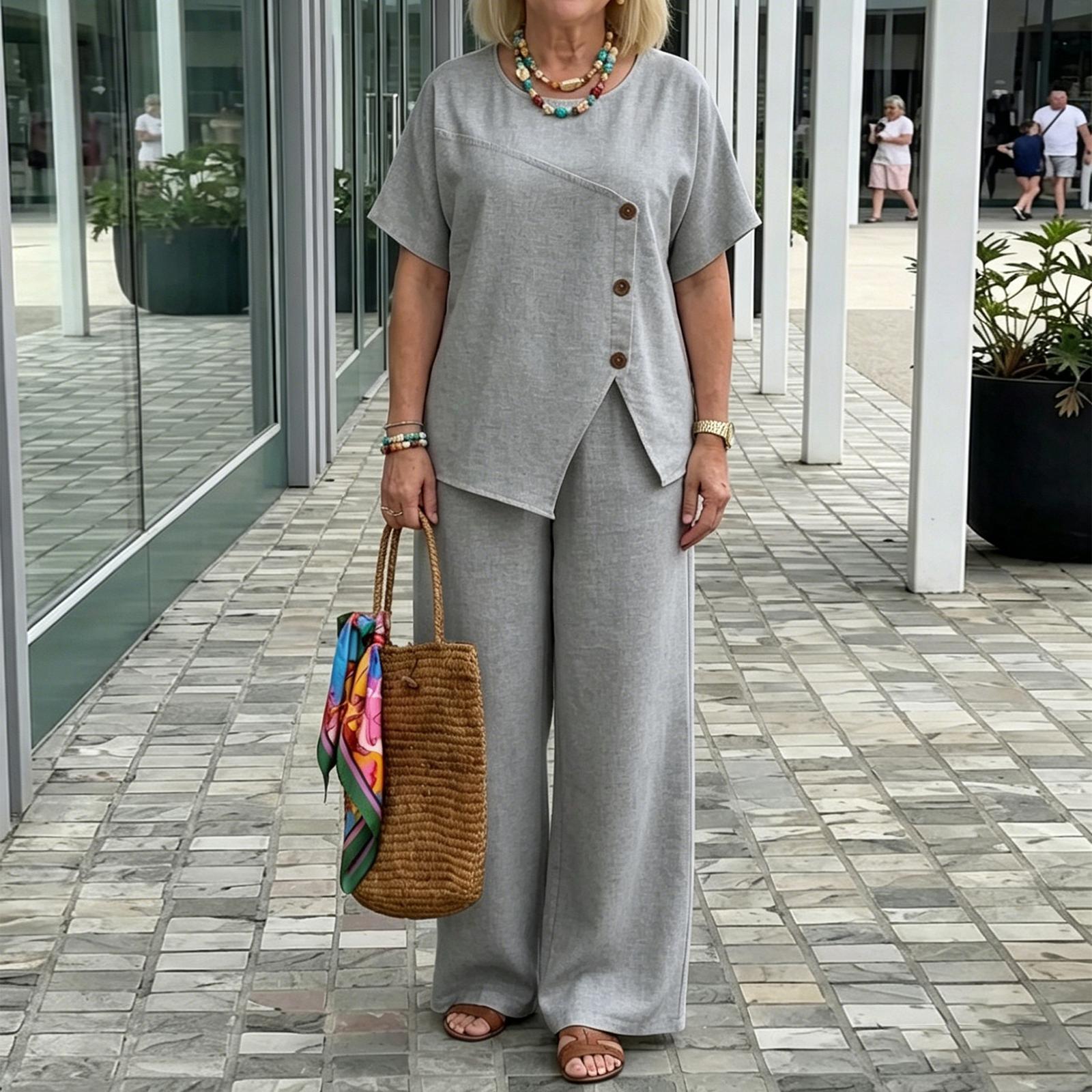 Women s Casual Two Piece Set Linen Fabric Asymmetric Button Detail Top Wide Leg Pants Relaxed Fit Lightweight Summer Outfit XXL