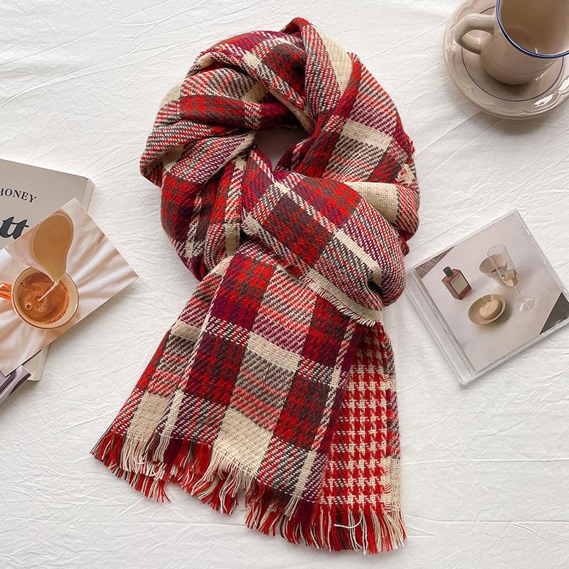 Retro red plaid scarf women's winter atmosphere versatile high school style new shawl