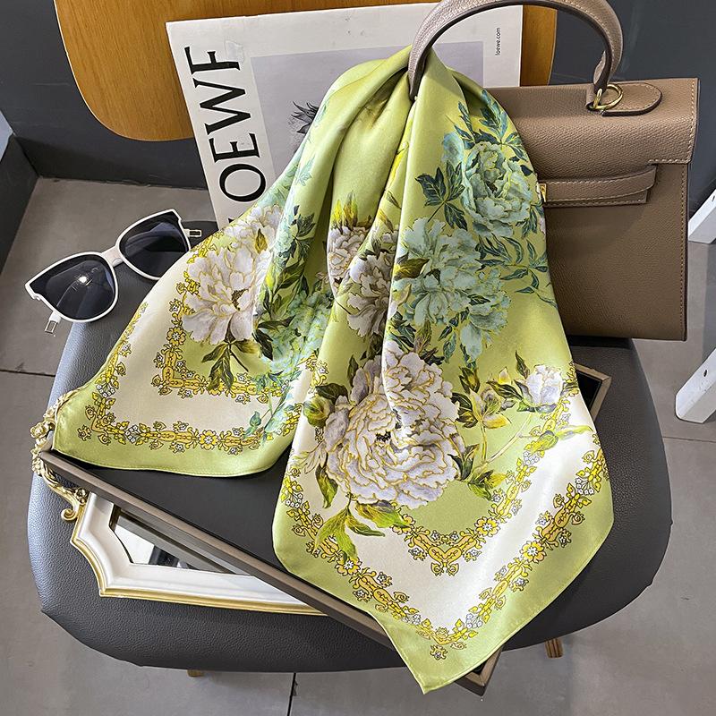 Women S Fresh Sweet Green Floral Silk Small Square Scarf For Spring Summer