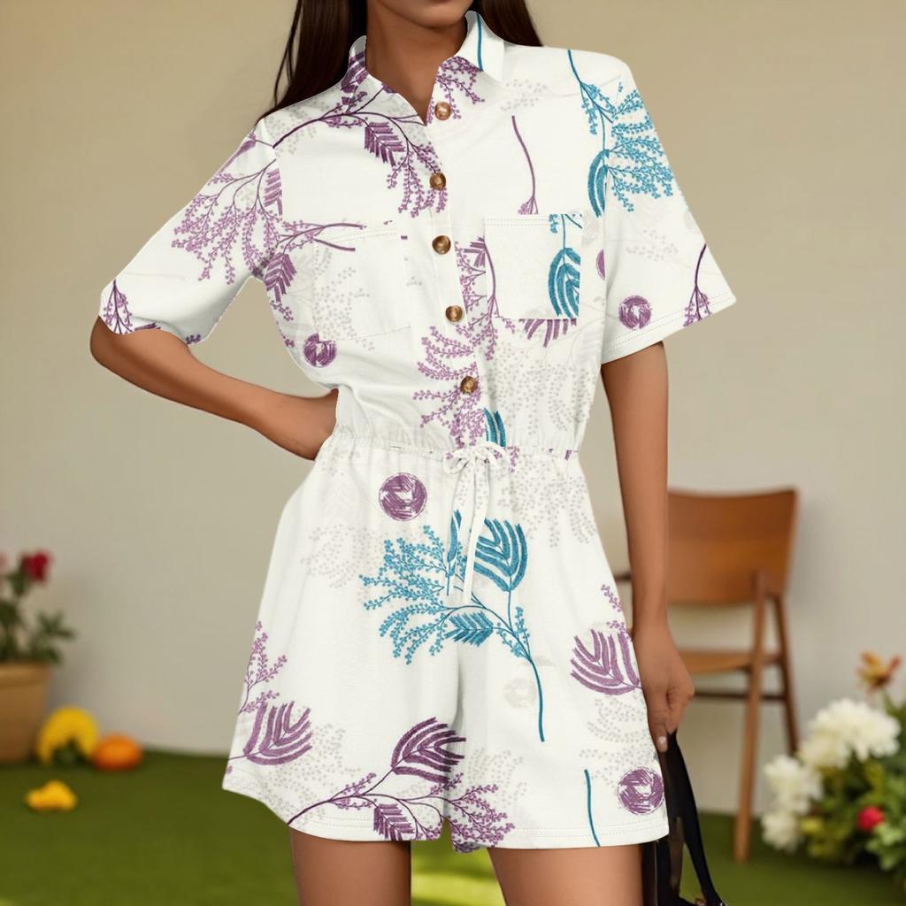 Damenmode V-Ausschnitt Jumpsuit Karomuster Lässig Kurzarm Top Jumpsuit