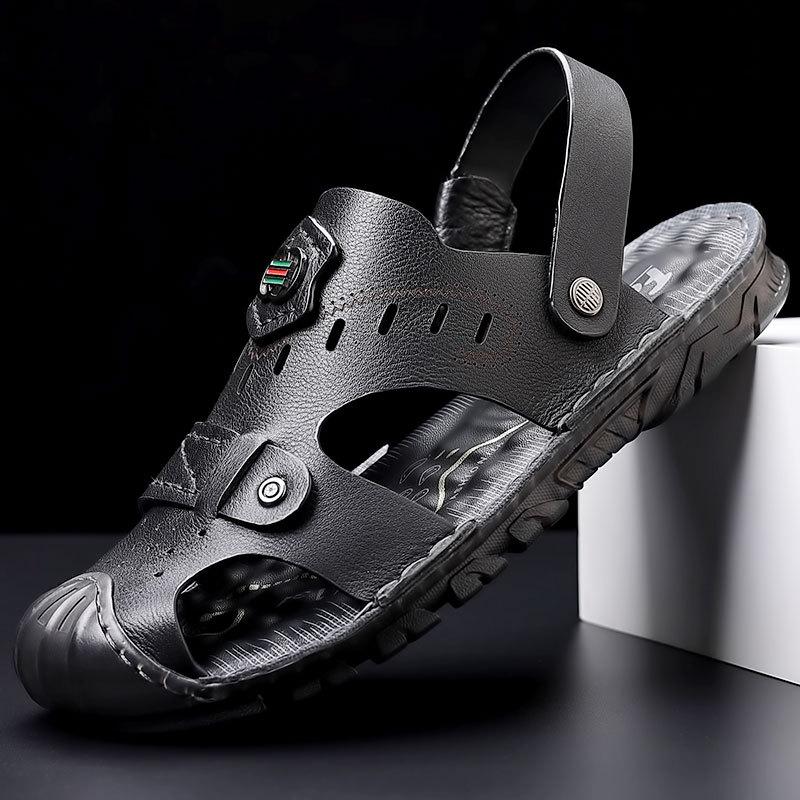 Baotou sandals men's leather casual beef tendon sole first layer cowhide beach shoes dual-purpose driving wear-resistant non-slip dad shoes