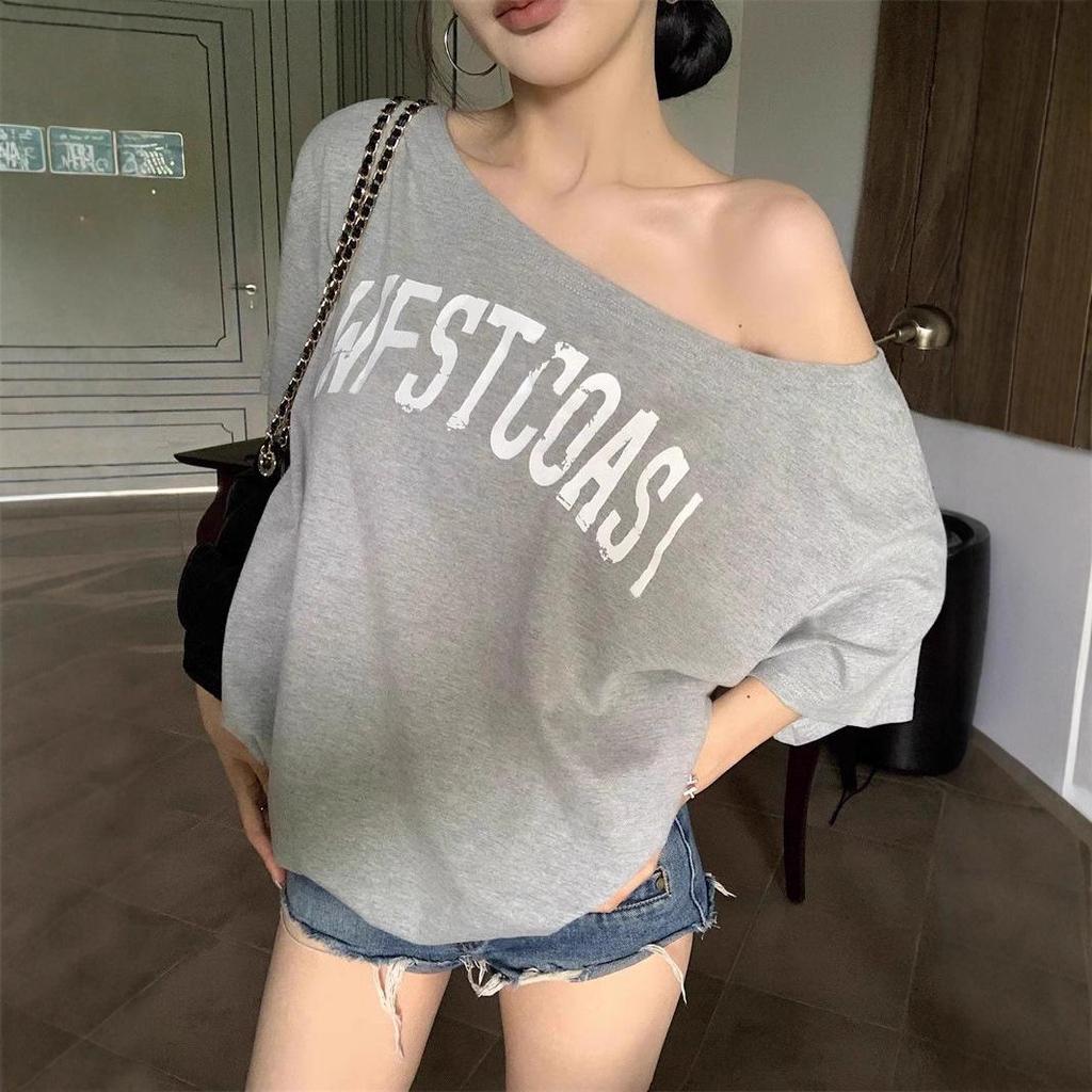 2026 Summer Women's Asymmetrical Letter Print T-Shirt - Short Sleeve, Loose Fit, Versatile Spicy Girl Design